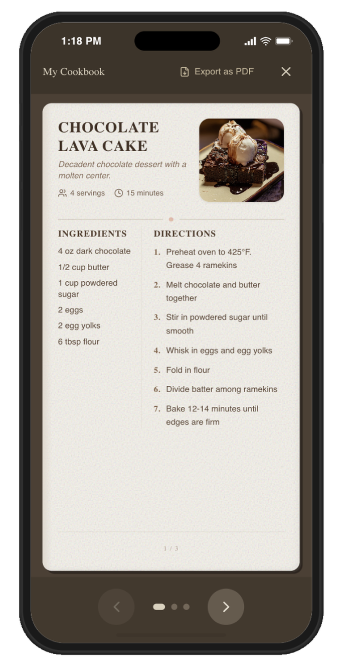RecipeNest cookbook view with export option