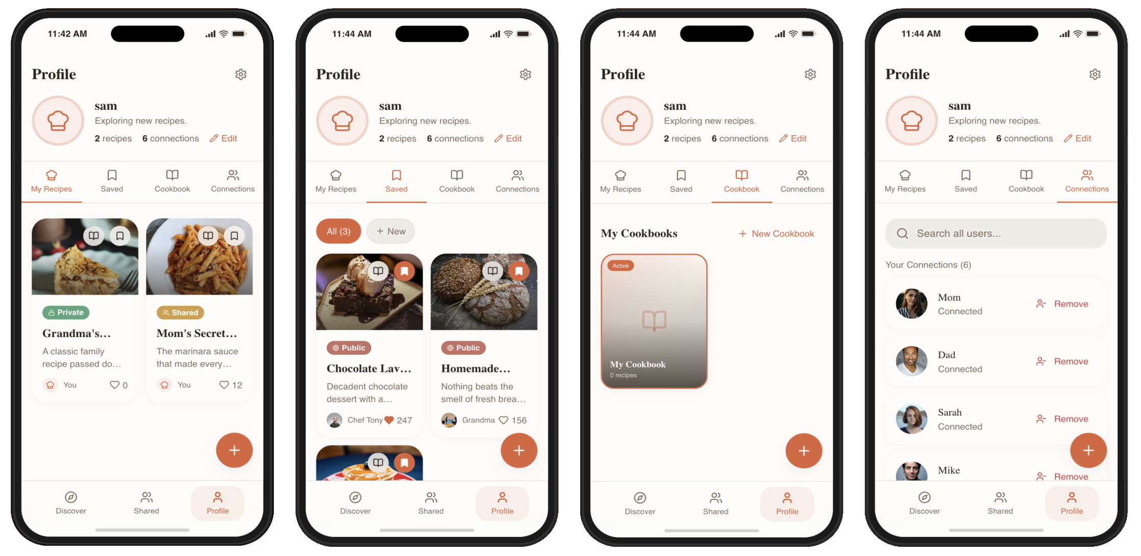 RecipeNest Profile section: My Recipes, Saved, Cookbook, and Connections