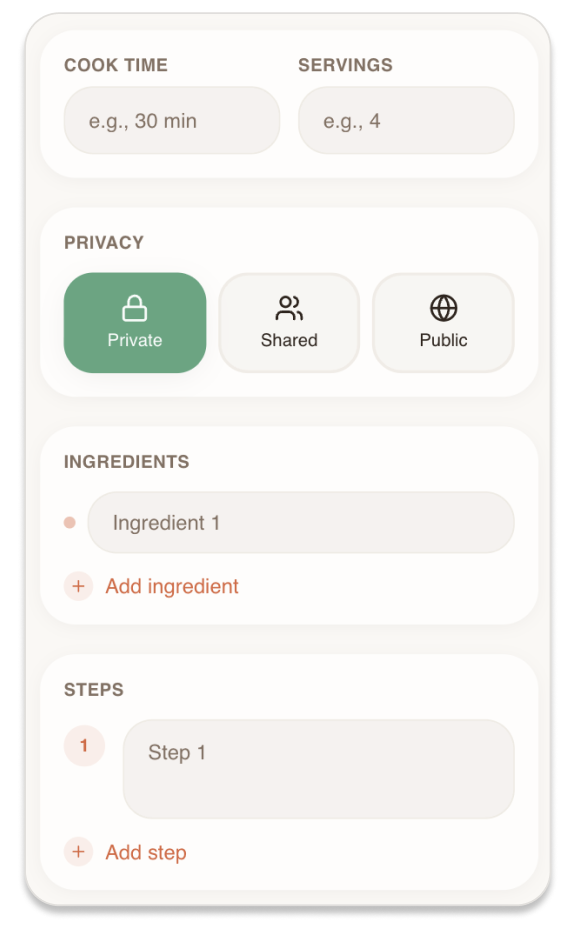 RecipeNest recipe creation with structured ingredients and steps