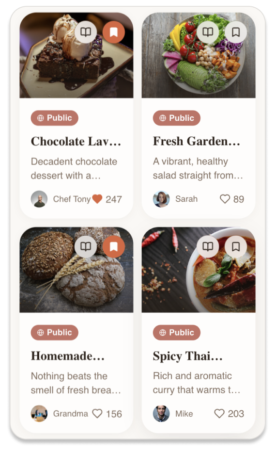 RecipeNest Discover page with card-based recipe grid