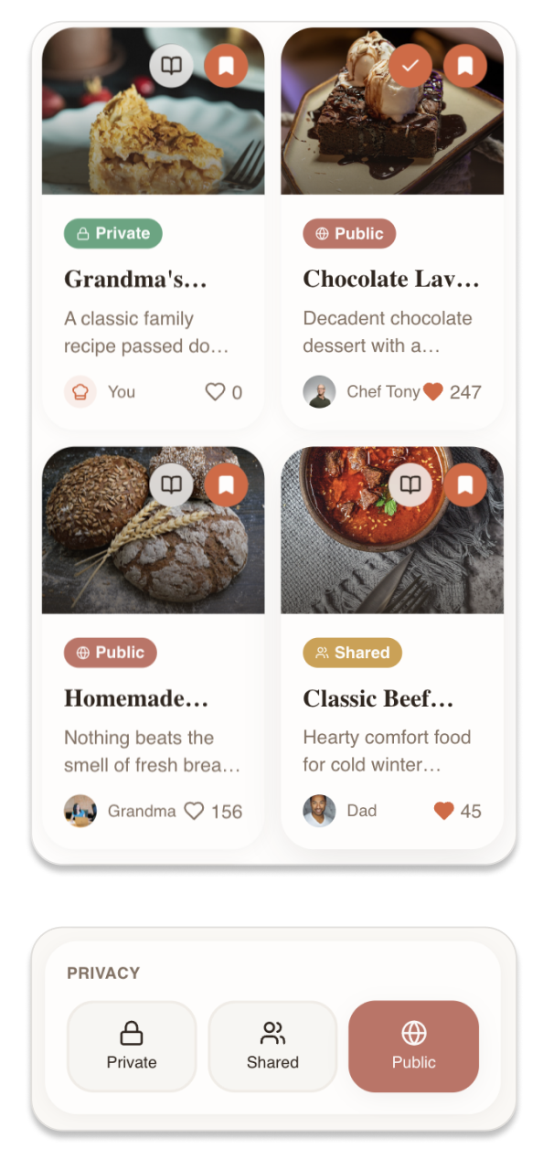 RecipeNest recipe cards showing Private, Public, and Shared states