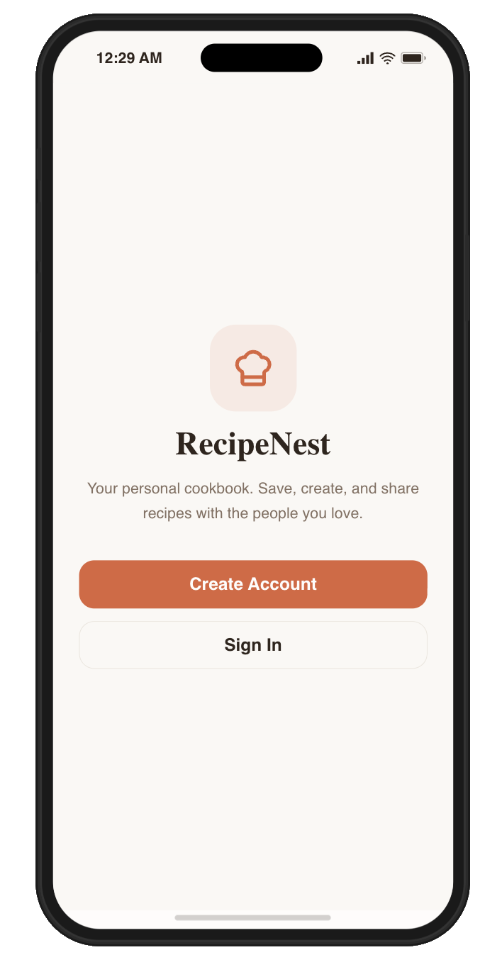RecipeNest welcome screen in the working prototype