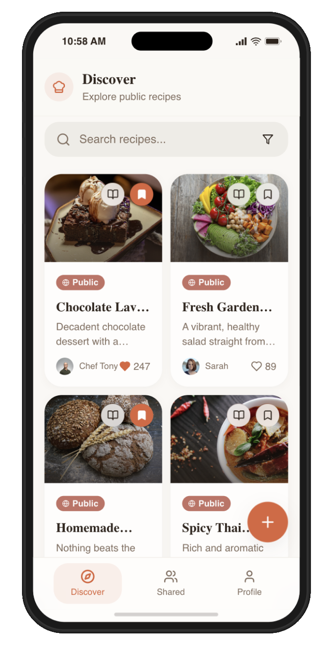 RecipeNest Discover screen showing public recipes in a card grid
