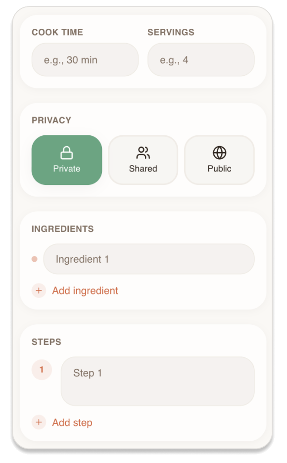 RecipeNest recipe creation with structured ingredients and steps